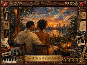 A romantic couple sits together at a candlelit table overlooking a glowing city skyline and tranquil water at sunset. Rich amber, copper, deep blue, and crimson tones create warmth and intimacy. Impressionistic brushwork adds energy and texture, while ornate rosewood and gold framing incorporates guitars, piano keys, records, tapes, microphones, and vintage concert details.