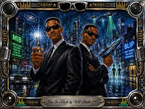 Two sharply dressed secret agents stand confidently in a neon-lit city at night, surrounded by UFOs, alien figures, and glowing futuristic devices. Cool blues, silvers, and greens dominate the dramatic acrylic-painted scene. Wet streets reflect city lights, while an ornate chrome-and-gold musical frame adds playful retro science-fiction energy.