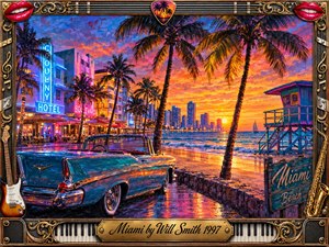 A vivid painted portrait of Miami Beach at sunset, featuring a gleaming turquoise vintage convertible, swaying palms, glowing Art Deco hotels, ocean waves, and a distant skyline. Fiery orange, pink, purple, and electric blue tones create a carefree, energetic mood. Rich brush textures, neon reflections, ornate musical decorations, and a gold title plaque complete the nostalgic 1990s-inspired composition.