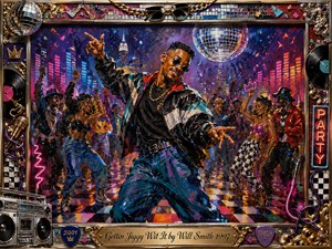 A charismatic dancer commands a vibrant 1990s nightclub, surrounded by joyful partygoers, neon lights, confetti, and a glittering disco ball. Bold blues, magentas, reds, teals, and golds glow across a checkerboard floor. Expressive acrylic brushwork, chrome details, vinyl records, a boombox, and ornate musical framing amplify the playful energy.