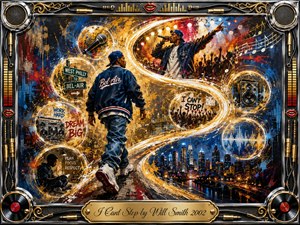 A vibrant hip-hop journey unfolds through glowing S-curves of memory, linking street ambition, performance, music, and city nightlife. Rich blues, golds, reds, and black create energetic contrast under dramatic stage lighting. Painterly textures, graffiti-like marks, speakers, records, microphones, and crowd silhouettes surround a confident central figure moving forward.