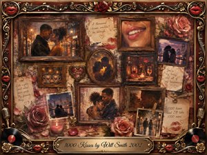 A romantic vintage collage captures a couple sharing tender moments beneath glowing city lights, surrounded by roses, handwritten love notes, photographs, candles, records, microphones, and golden musical flourishes. Warm burgundy, amber, cream, and gold tones create an intimate nostalgic mood, while painterly textures, soft illumination, ornate rosewood framing, and bright red lips enrich the sentimental composition.