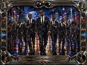 Black-suited figures stride confidently through a neon-soaked futuristic city, surrounded by dancers, glowing towers, hovering craft, and wet pavement reflecting blue, violet, gold, and red light. Bold textured acrylic brushwork gives the scene cinematic energy, while an elaborate chrome-and-gold musical frame with microphones, speakers, sunglasses, and engraved title plate completes the dramatic composition.