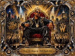 A commanding figure lounges on an ornate golden throne before a glowing city skyline, projecting confidence, power, and celebration. Rich blacks, metallic golds, crimson velvet, and deep blues dominate the dramatic acrylic-style composition. Spotlights, speakers, cheering silhouettes, crowns, records, microphones, piano keys, and intricate chrome-gold framing create lavish musical grandeur.