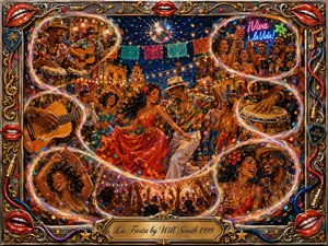 A vibrant nighttime fiesta fills a glowing plaza with dancers, musicians, raised drinks, confetti, and colorful banners. Warm gold lights contrast with deep blues, reds, turquoise, and orange. Painterly gouache textures and swirling luminous ribbons connect lively vignettes, while an ornate musical frame and engraved title plate complete the celebratory composition.