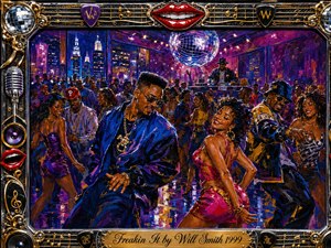 A vibrant late-1990s hip-hop dance party fills a glowing city nightclub, with stylish dancers moving beneath a mirrored disco ball and colorful stage lights. Rich blues, purples, magentas, and gold highlights create an energetic, celebratory mood. Expressive painted textures, chrome detailing, musical ornaments, and bright red lips frame the lively scene.
