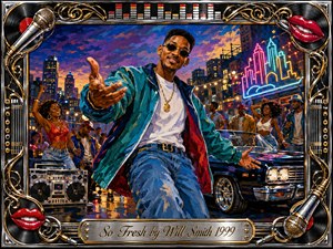 A confident hip-hop performer strides through a lively city block party at dusk, surrounded by dancers, a gleaming convertible, neon signs, and a booming stereo. Saturated teal, gold, magenta, and electric blue glow beneath warm lights. Painterly textures, chrome details, vinyl records, microphones, and ornate musical motifs create energetic late-1990s swagger.