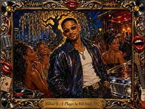 A charismatic man stands at the center of a glamorous nighttime party beneath a sweeping willow tree, surrounded by stylish dancers, city lights, and a polished vintage car. Rich gold, crimson, midnight blue, and black tones glow under warm lights. Ornate music-themed framing, red lips, records, and chrome details create a playful, luxurious painted atmosphere.