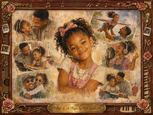 A warm nostalgic collage centers on a confident smiling young girl, surrounded by tender father-daughter memories of music, play, reading, and affection. Golden sunlight, soft pinks, creams, browns, and faded blues enrich the painterly oil, acrylic, and watercolor textures. An ornate rosewood frame with gold musical details completes the sentimental scene.