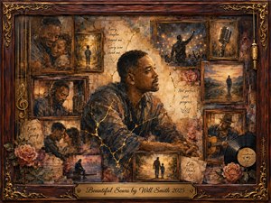 A reflective Will Smith sits at the heart of a nostalgic rosewood-framed collage, surrounded by faded memories of family, love, music, performances, and solitary journeys. Warm amber, sepia, charcoal, and muted rose tones glow beneath soft vintage lighting, while cracked golden seams, roses, records, microphones, and ornate gold inlay symbolize resilience and cherished scars.