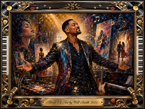 A confident central figure stands with arms outstretched inside a vibrant artists studio, surrounded by portraits, guitars, piano keys, paint supplies, and flowing musical notes. Warm golden light illuminates rich blues, reds, and metallic accents, while expressive oil-paint textures and an ornate music-themed frame create a celebratory, luxurious atmosphere.