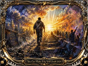 A determined figure climbs a rugged staircase toward brilliant golden light, leaving broken chains behind as a hopeful crowd gathers ahead. Deep blues, violet shadows, and fiery amber highlights create dramatic contrast. Expressive painterly textures, city silhouettes, musical motifs, ornate gold framing, and a commanding portrait evoke perseverance, triumph, and renewal.