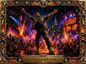 A triumphant performer commands a glowing nighttime stage, arms raised above a cheering crowd as pyrotechnics, confetti, and neon lights erupt around him. Fiery oranges, golds, pinks, purples, and electric blues energize the textured oil-and-acrylic style, while an ornate chrome-and-gold music-themed frame adds theatrical grandeur.