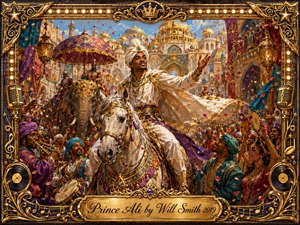 A jubilant royal procession fills a lavish Arabian city, with a smiling prince riding a richly adorned white horse amid musicians, dancers, confetti, and cheering crowds. Brilliant gold, turquoise, purple, and crimson glow under warm sunlight. Ornate palace architecture, jewel-like details, and a gilded musical frame create a theatrical, celebratory painted spectacle.