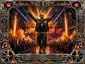 A triumphant performer commands a dazzling nighttime stage, arms raised above a cheering crowd as pyrotechnics, confetti, and colored beams explode around him. Fiery orange, gold, blue, and magenta tones create electric energy, while textured painterly details, city lights, and an ornate chrome-and-gold musical frame complete the celebratory composition.