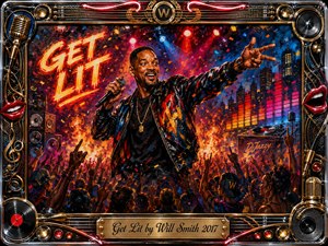 A charismatic performer commands a vibrant nighttime concert, microphone in hand as a cheering crowd reaches toward him beneath neon lights, confetti, flames, and colorful equalizer bars. Rich reds, golds, blues, and magentas glow through expressive acrylic textures, framed by chrome, microphones, vinyl records, speakers, cables, and bright red lips.