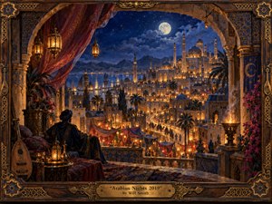 A moonlit desert city glows beneath a deep blue, star-filled sky, framed by ornate carved wood and golden metalwork. Warm lanterns illuminate domes, minarets, markets, palms, and winding streets, while a seated figure overlooks the scene. Rich blues, amber golds, crimson fabrics, and painterly textures create a magical, cinematic atmosphere.