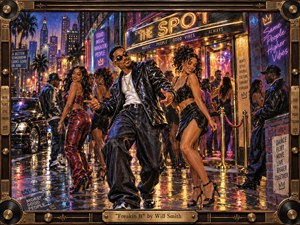A stylish nightlife scene pulses outside a neon-lit club, where a confident central dancer moves among fashionable partygoers on a rain-slicked city street. Warm gold, electric purple, blue, and crimson reflections create energetic contrast. Painterly textures, glossy clothing, glowing signs, luxury cars, and an ornate music-inspired frame reinforce the celebratory, late-1990s atmosphere.