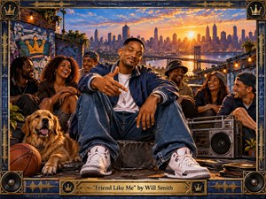 A charismatic man sits at the center of a lively rooftop gathering, surrounded by laughing friends, a golden retriever, basketball, boombox, and records. Warm sunset light floods a glowing city skyline and bridge beyond. Rich blues, golds, and amber tones enhance the cinematic realism, while an ornate music-themed frame completes the celebratory scene.