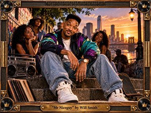 A charismatic young man lounges on urban steps beside friends, a boombox, records, and a skateboard, framed by a glowing sunset skyline and bridge. Warm gold, teal, purple, and denim tones create playful confidence, while photorealistic detail, nostalgic 1990s styling, graffiti textures, and an ornate music-themed frame reinforce the upbeat mood.