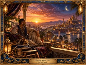 A richly detailed cinematic scene shows a contemplative man in ornate robes seated on a palace balcony overlooking a glowing Arabian city of domes, minarets, markets, palms, and waterways. Sunset gold fades into deep blue night, illuminating lanterns, intricate textiles, and a crescent moon. The handcrafted gilded frame enhances the sumptuous atmosphere.