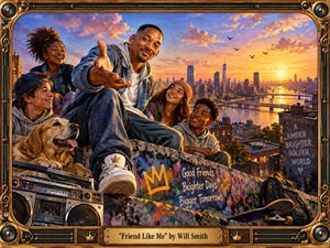 A joyful rooftop scene unfolds at sunset above a glowing city skyline, with a charismatic man reaching toward the viewer among smiling friends and a golden retriever. Warm gold, orange, blue, and violet hues create an uplifting atmosphere. Rich painterly brushwork, graffiti, a vintage boombox, skateboard, ornate musical frame, and engraved title plaque add nostalgic urban character.