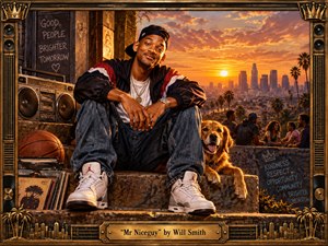 A charismatic young man lounges on a worn urban stoop at sunset, surrounded by a boombox, records, basketball, golden retriever, and friends. Warm amber light bathes the Los Angeles skyline, palms, and textured architecture. The richly detailed 1990s hip-hop aesthetic combines cinematic realism with handcrafted poster art, framed in ornate bronze and gold.