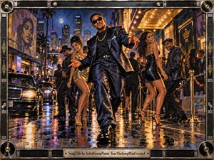 A confident man in a sleek black suit strides through a glamorous nighttime city scene, surrounded by stylish dancers, luxury cars, velvet ropes, and glowing storefronts. Deep blues and warm golds reflect across rain-slick pavement, creating an energetic, celebratory mood. The detailed digital painting is enclosed by an industrial music-inspired frame.