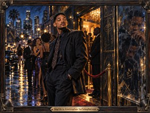 A sharply dressed man stands confidently outside a glamorous nighttime club, framed by glowing city towers, palm trees, wet pavement, and elegantly dressed guests. Warm gold light contrasts with deep blue shadows, while a cracked reflective panel reveals fragmented expressions. The richly textured, cinematic painting blends sophistication, tension, swagger, and introspection.