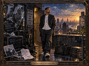 A contemplative man stands on a weathered rooftop overlooking a glowing city at sunset, surrounded by fractured reflections, records, papers, and symbolic reminders of identity and growth. Deep indigo shadows contrast with warm amber light, while textured painterly surfaces, wet pavement, urban grit, and an ornate bronze musical frame create a reflective, resilient mood.
