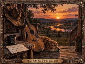 A weathered guitar, cowboy hat, resting dog, and handwritten note fill a rustic porch overlooking a glowing river valley at sunset. Warm amber and copper light deepen the reflective, nostalgic mood, while carved wood, bronze, turquoise accents, musical motifs, distant farm buildings, and a decorative country-style frame enrich the cinematic realism.