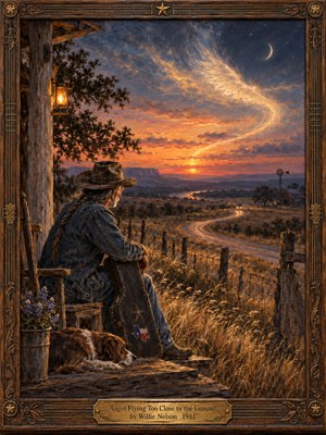 A weathered cowboy rests beside his guitar and sleeping dog on a rustic porch, gazing across a winding Texas road at sunset. Golden grasses, mesas, a windmill, and a luminous featherlike angel shape fill the sky. Warm amber light, deep blue twilight, and an ornate carved frame create a tender painterly mood.