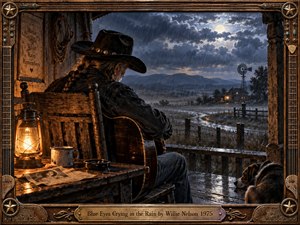 A solitary cowboy sits on a rain-soaked porch with his guitar, overlooking a moonlit ranch valley and distant farmhouse. Warm lantern light contrasts with cool blue storm clouds, wet timber, and reflective ground. Detailed painterly realism, western textures, a resting dog, old photographs, and ornate framing create a deeply nostalgic mood.