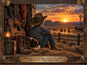 A young cowboy sits beside his loyal dog, gazing across a vast western valley glowing beneath a dramatic orange sunset. Rustic fencing, distant riders, a windmill, weathered guitar, boots, lantern, and ranch textures create a reflective, nostalgic mood. Detailed painterly realism and warm earthy colors reinforce the bittersweet frontier atmosphere.
