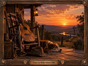 A weathered acoustic guitar rests against a rustic rocking chair on a wooden porch at sunset, overlooking rolling hills and a winding river. Warm orange light, deep shadows, a resting dog, lantern, cowboy hat, wildflowers, and vintage Western framing create a reflective, nostalgic country atmosphere with cinematic realism.