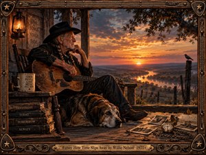 A weathered country musician sits on a rustic porch at sunset, resting beside an old guitar and loyal dog. Warm amber light, distant river bends, faded photographs, books, and a pocket watch create a reflective mood. Detailed painterly realism, aged wood, bronze framing, and glowing skies suggest memory and passing time.