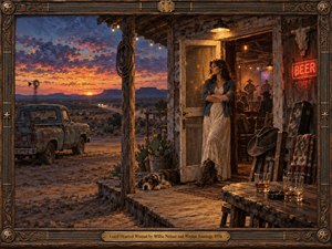 A weathered desert roadhouse glows against a vivid sunset as a thoughtful woman stands in the doorway, framed by warm amber light and distant musicians. Rustic wood, an old pickup, dusty landscape, whiskey glasses, and Western details create a nostalgic, tender mood in a richly textured painterly style.