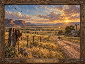 A weathered country road winds through golden grass toward a quiet settlement beneath a radiant sunset, framed by mesas, farm buildings, and a distant windmill. Warm amber, rust, blue, and earth tones create a hopeful, reflective mood, while textured oil brushwork, soaring birds, walking figures, and rustic carved details deepen the sense of belonging.