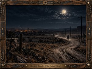 A lone rider follows a winding dirt road across a moonlit desert, heading toward distant town lights beneath stormy blue-black clouds. Cinematic photographic realism, dusty earth tones, silver moonlight, telephone poles, cactus, and a weathered cattle skull create a restless, solitary mood, enclosed by an ornate Western wood-and-brass frame.