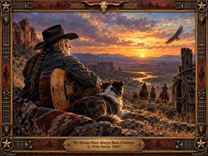 A weathered cowboy with braided gray hair rests beside his guitar and loyal dog, overlooking riders descending into a rugged western valley at sunset. Warm orange light, distant mountains, winding water, an eagle, and richly textured rocks create a reflective, nostalgic mood within an ornate leather, wood, and metal frame.