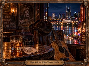 A weathered country bar overlooks a glowing Nashville skyline, where rain-slick streets and neon lights shimmer beyond the window. A worn guitar, cowboy hat, whiskey glass, and smoking ashtray create a lonely late-night mood. Warm amber lighting, deep blues, rustic textures, and ornate musical framing evoke classic honky-tonk nostalgia.