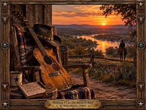 A weathered guitar and cowboy hat rest on a rustic porch overlooking a winding river at sunset, while a lone rider pauses beyond a wooden fence. Warm amber light, deep earth tones, wildflowers, cactus, and aged textures create a reflective country mood framed by carved wood, metal, turquoise, and western ornament.