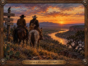 Two cowboys on horseback overlook a winding river valley beneath a blazing western sunset. Warm orange and gold light washes across rugged cliffs, cactus, and twisted trees, creating a reflective, bittersweet mood. Rich painterly textures, weathered frontier details, distant mountains, a guitar, and rustic frame evoke friendship, memory, and inevitable separation.