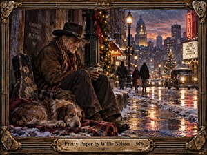 A weathered cowboy sits quietly beside his sleeping dog on a snowy city street, surrounded by glowing holiday lights, wet reflections, and distant pedestrians. Warm amber lamps contrast with cold blue dusk, creating a melancholy yet compassionate mood. Cinematic photographic realism, rich textures, vintage architecture, and the ornate musical frame deepen the nostalgic atmosphere.
