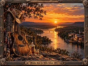 A weathered guitar, cowboy hat, whiskey bottle, and glass overlook a winding river glowing beneath a fiery sunset. Warm amber light spills across distant bridges, wooded hills, and a small riverside town. Rich painterly textures, rustic colors, and an ornate Western frame create a reflective, lonely, timeless country atmosphere.