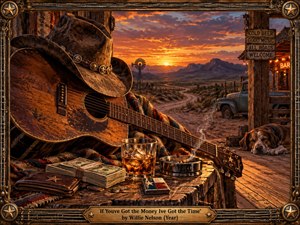 A weathered guitar and cowboy hat rest beside cash, whiskey, and a smoking ashtray on a rustic porch overlooking a glowing Western sunset. Warm amber light, dusty roads, a vintage truck, sleeping dog, and distant mountains create a relaxed honky-tonk mood framed in ornate aged metalwork.