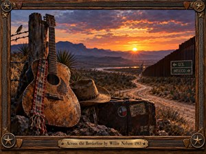 A weathered acoustic guitar, cowboy hat, and suitcase rest beside a winding desert road at sunset. Golden light illuminates distant mountains, border fences, and rugged terrain beneath dramatic purple clouds. Richly detailed Americana artwork evokes longing, uncertainty, and freedom, enclosed within an ornate wooden frame with brass accents and an engraved title plate.