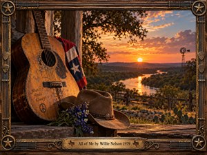 A weathered acoustic guitar and cowboy hat rest beside bluebonnets on a rustic porch overlooking a winding Texas river at sunset. Golden light bathes distant hills beneath glowing orange clouds. Rich cinematic realism evokes nostalgia and tenderness, while an ornate bronze guitar-string frame and engraved title plate complete the composition.