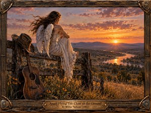 A winged woman in a flowing ivory dress sits quietly on a rustic fence overlooking a golden river valley at sunset. A weathered guitar and cowboy hat rest nearby. Warm amber light, distant mountains, and wildflowers create a tender, nostalgic atmosphere, enclosed within an ornate wooden frame with brass detailing.