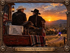 Two cowboys and a loyal dog rest in a weathered pickup overlooking a small Western town at sunset. Golden light washes across distant mountains, while police lights flicker along a winding road. Beer bottles, an American flag, and rustic details create a nostalgic, cinematic painting framed in carved wood and bronze.